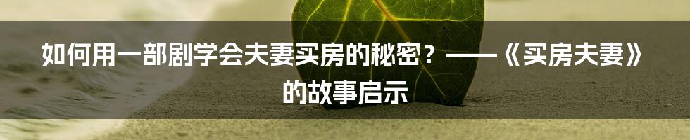 如何用一部剧学会夫妻买房的秘密？——《买房夫妻》的故事启示