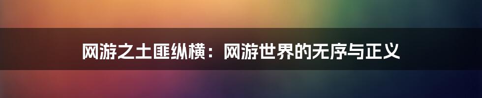 网游之土匪纵横:网游世界的无序与正义