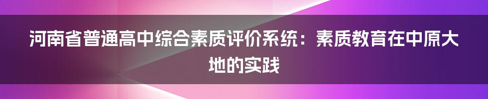 河南省普通高中综合素质评价系统:素质教育在中原大地的实践