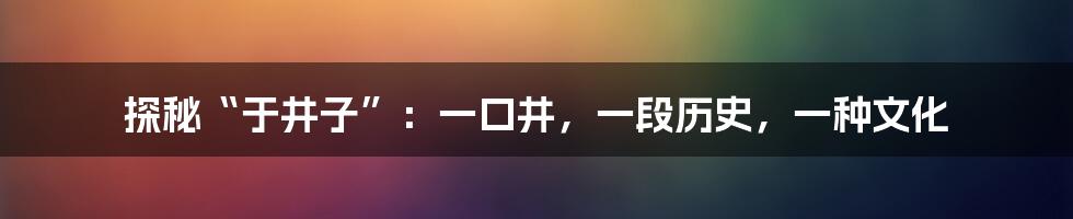 探秘“于井子”:一口井,一段历史,一种文化