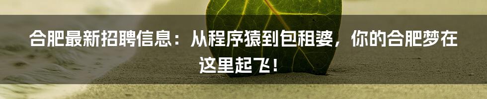 合肥最新招聘信息：从程序猿到包租婆，你的合肥梦在这里起飞！