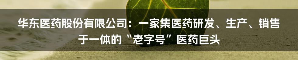 华东医药股份有限公司：一家集医药研发、生产、销售于一体的“老字号”医药巨头