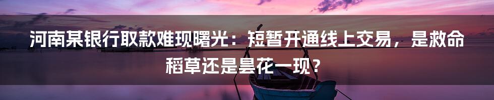 河南某银行取款难现曙光:短暂开通线上交易,是救命稻草还是昙花一现?