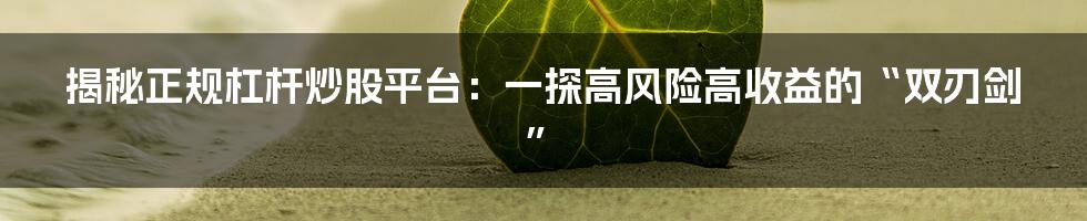 揭秘正规杠杆炒股平台:一探高风险高收益的“双刃剑”