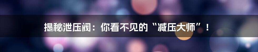 揭秘泄压阀:你看不见的“减压大师”!