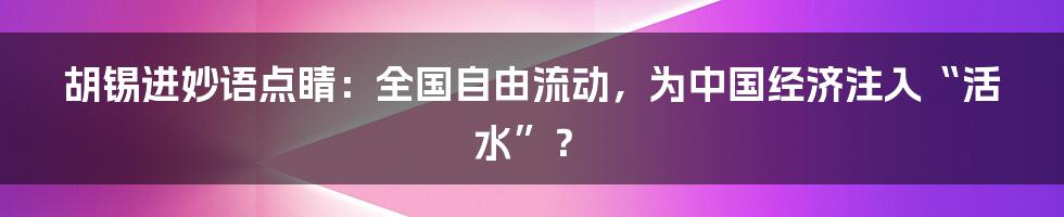 胡锡进妙语点睛:全国自由流动,为中国经济注入“活水”?
