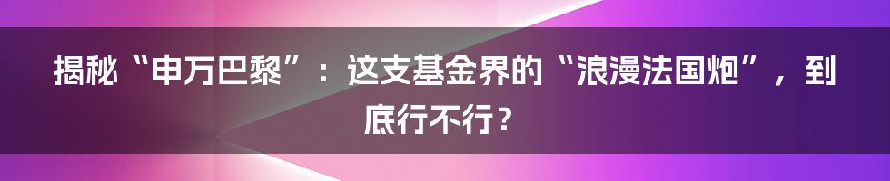 揭秘“申万巴黎”:这支基金界的“浪漫法国炮”,到底行不行?