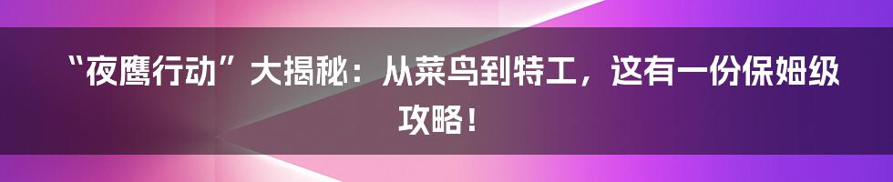 “夜鹰行动”大揭秘:从菜鸟到特工,这有一份保姆级攻略!