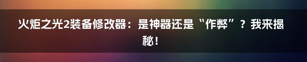 火炬之光2装备修改器：是神器还是“作弊”？我来揭秘！