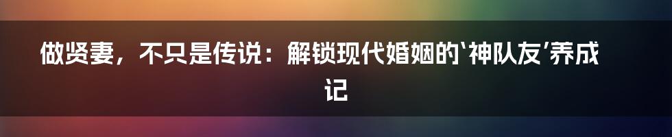 做贤妻，不只是传说：解锁现代婚姻的‘神队友’养成记